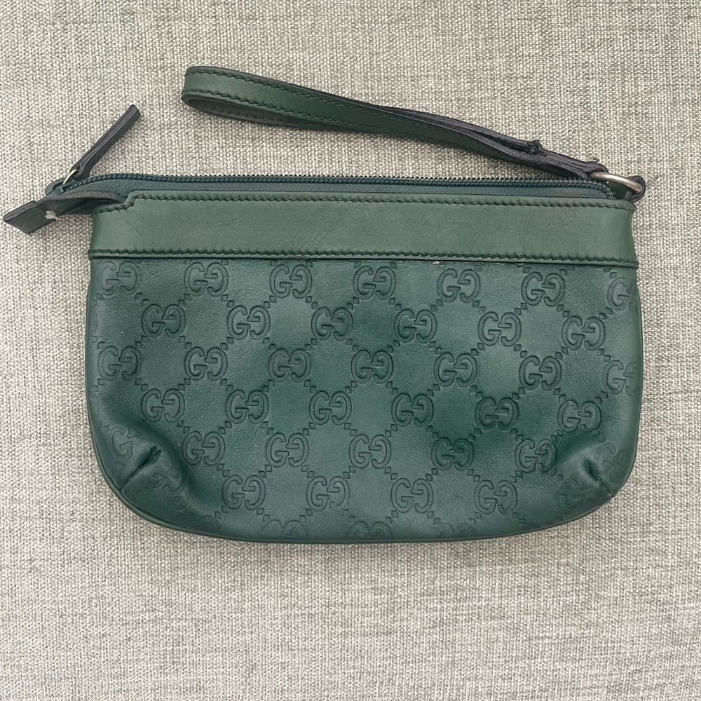 Gucci Forest Green Embossed Wristlet